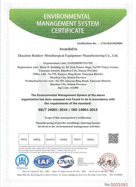 China Zhuzhou Ruideer Metallurgy Equipment Manufacturing Co.,Ltd certificaten